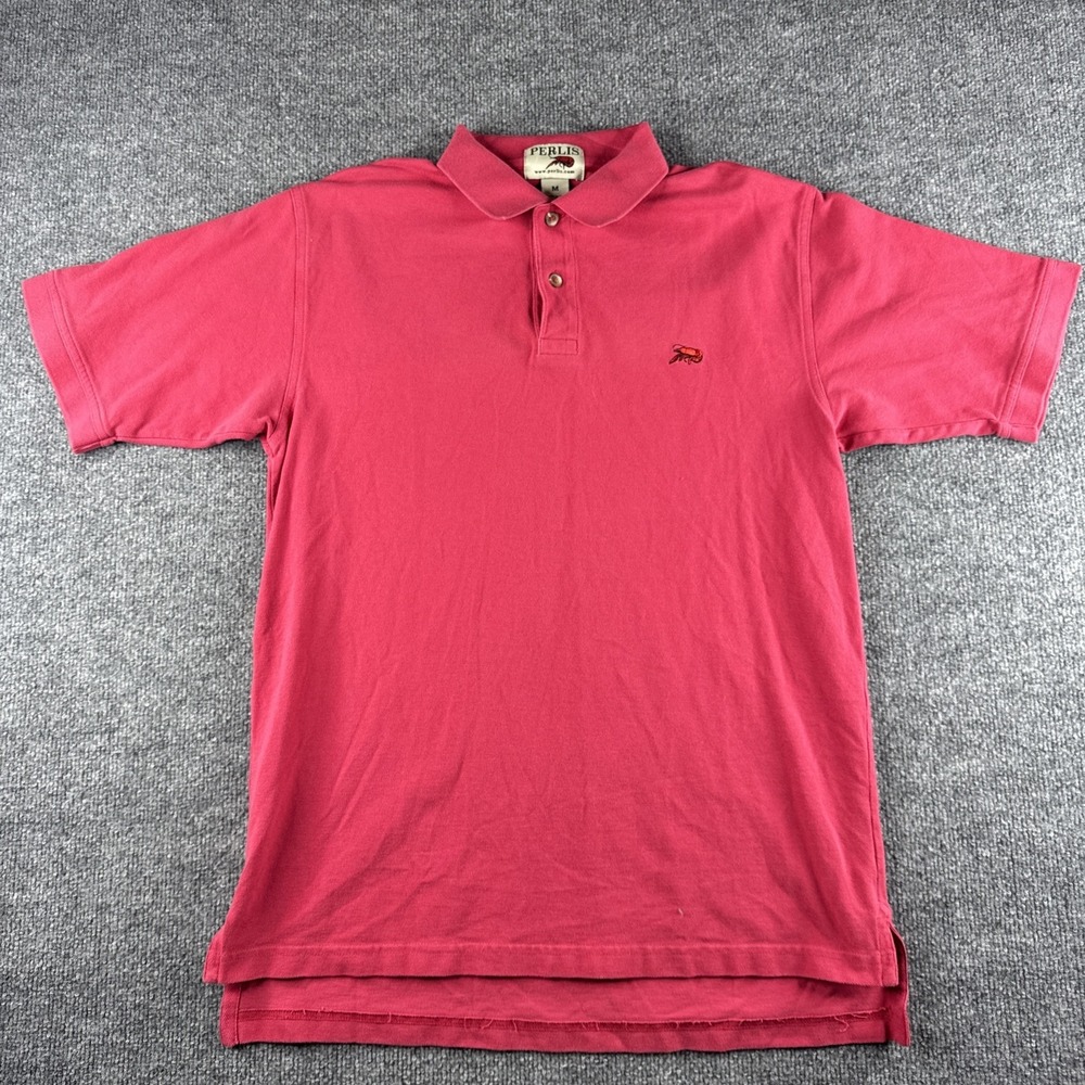 Perlis Polo Shirt Mens M Red Button Up Short Sleeve Crawfish Logo Cotton Preppy